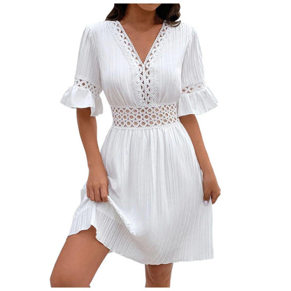 Summer V Neck Women's Dresses Ruffle Short Sleeves High Waist Dress Elegant Female Casual Solid Color Dresses Lace Vestidos - Torrster