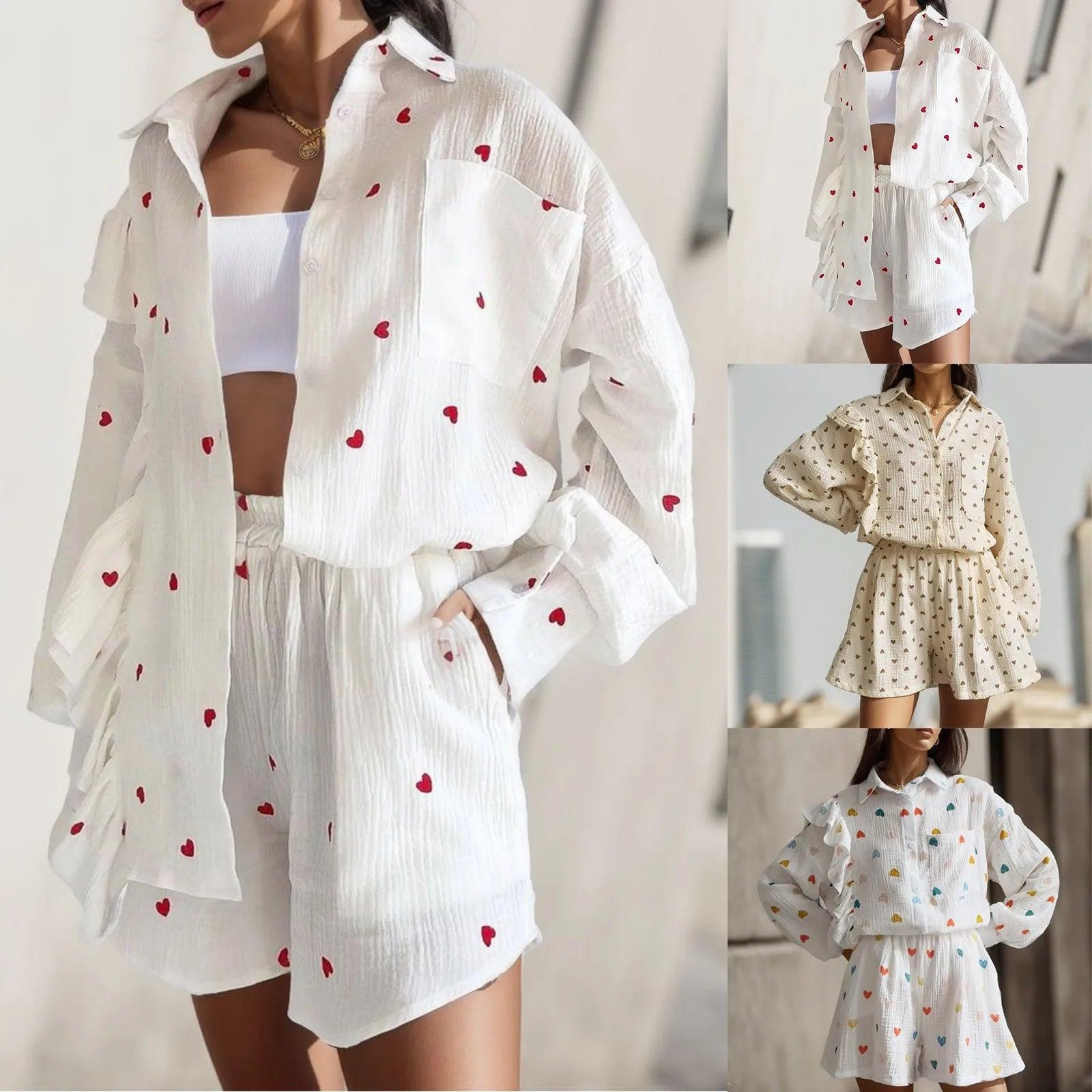 Cotton Linen Ruffle Shirt Shorts Two Piece Set for Women Summer Home Heart Pattern Long Sleeve Button Blouse Short Set Outfits - Torrster