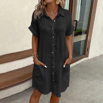 Women Casual Blouse Dress Single Breasted Simple V Neck Button Linen Dress With Pocket Loose Large Size Shirt Dress - Torrster