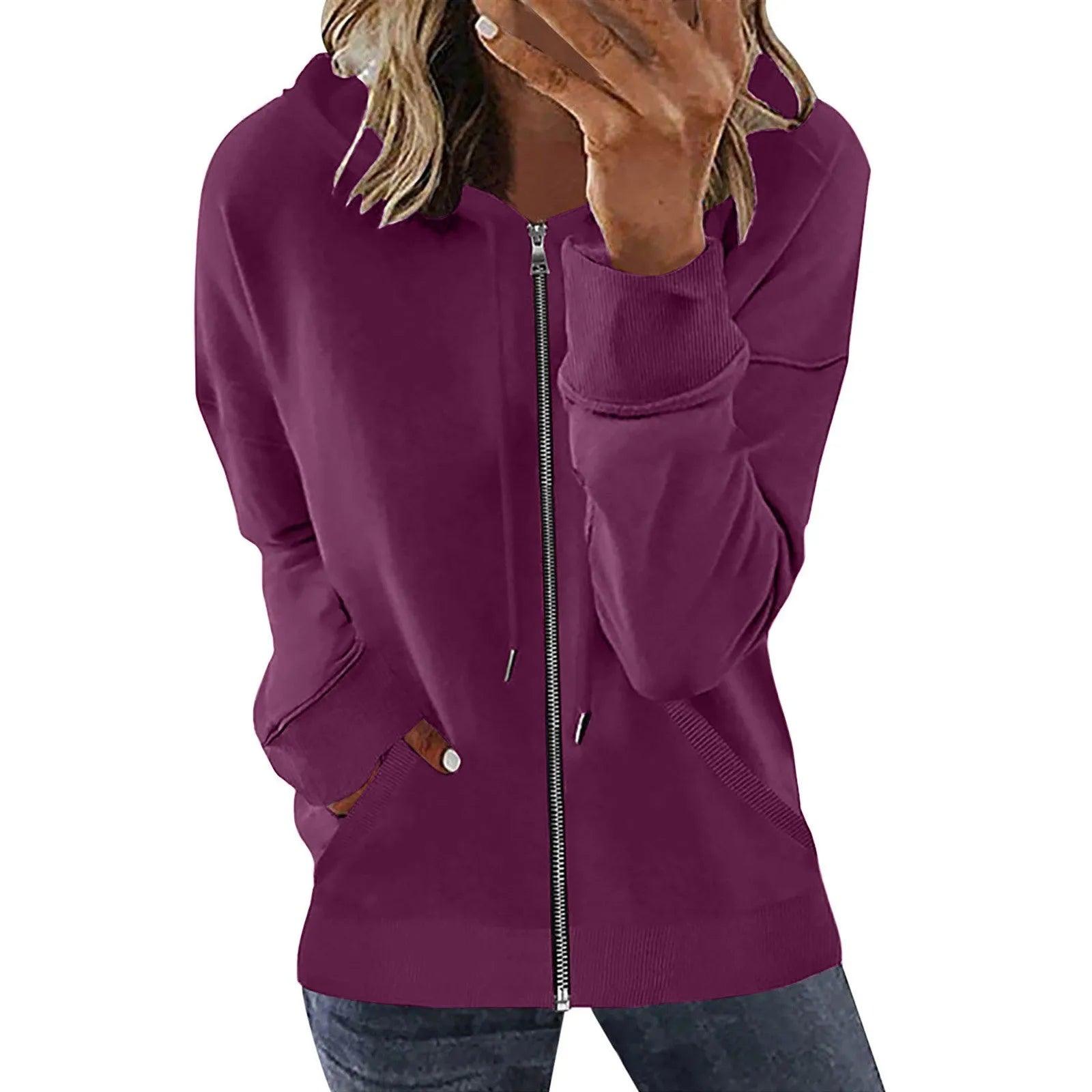 Pocket Long Sleeve Hooded Threaded Sweater Ladies Zipper Top Hooded Zip up Sweatshirt Women Hoodie Casual Oversized Hoodies - Torrster