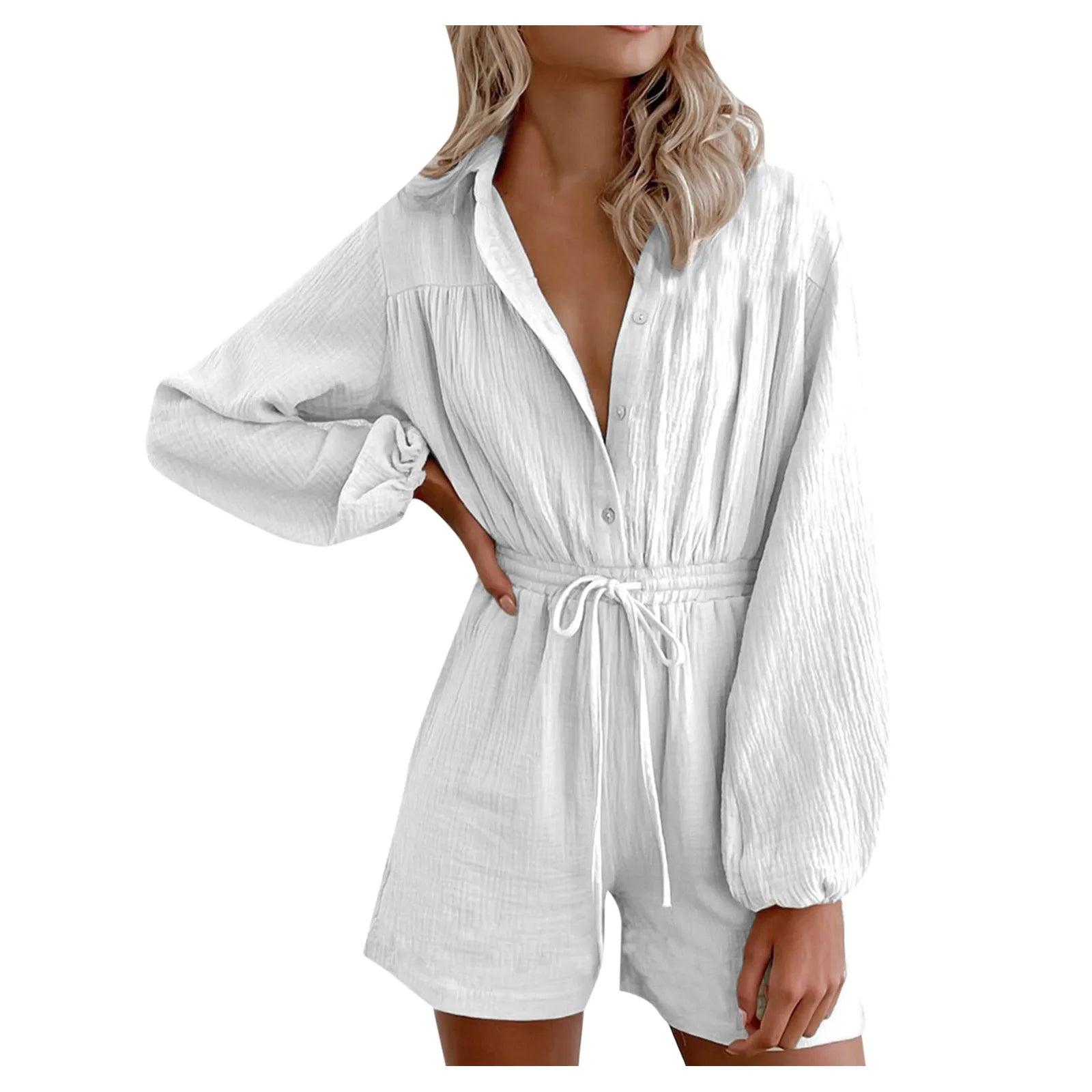 Women Fashion V-Neck Button Down Shorts Romper Summer Black White Cotton Linen Drawstring Playsuits Casual Lace Up Jumpsuits - Torrster