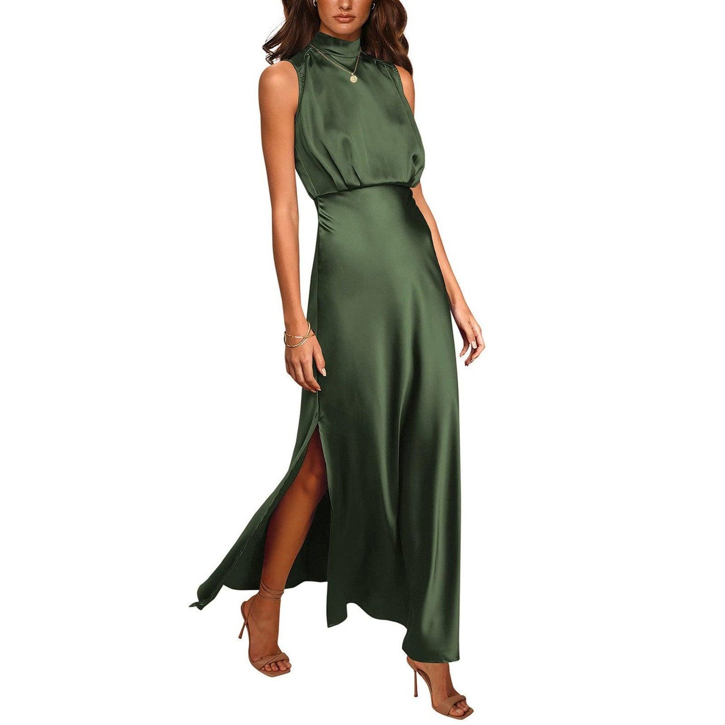 Summer Elegant Women Summer Long Formal Satin Dresses Mock Neck Sleeveless Side Slit Flowy Maxi Tank Dresses Woman Party Night - Torrster