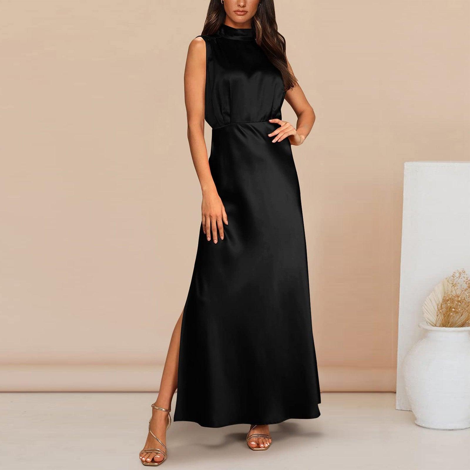 Summer Elegant Women Summer Long Formal Satin Dresses Mock Neck Sleeveless Side Slit Flowy Maxi Tank Dresses Woman Party Night - Torrster