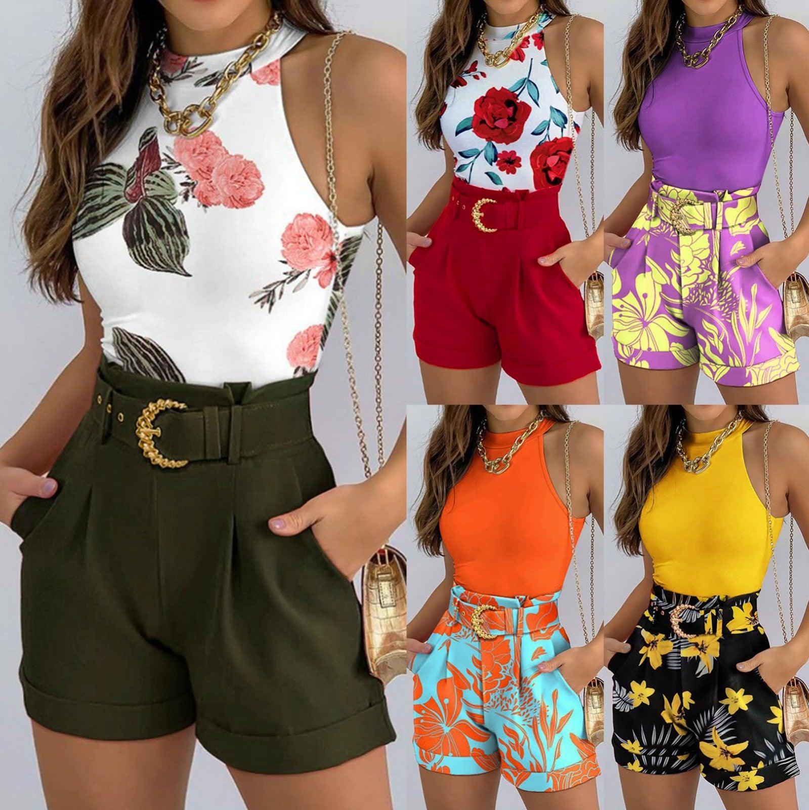 Elegant Fashion Women'S Suit Pants Sets Sleeveless Vest Top Suit Shorts Floral Print Basic Tank Top & Shorts Set With Belt - Torrster