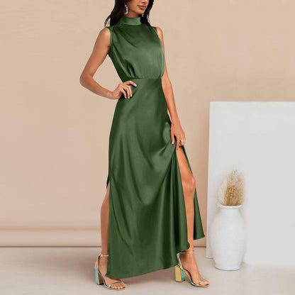 Summer Elegant Women Summer Long Formal Satin Dresses Mock Neck Sleeveless Side Slit Flowy Maxi Tank Dresses Woman Party Night - Torrster