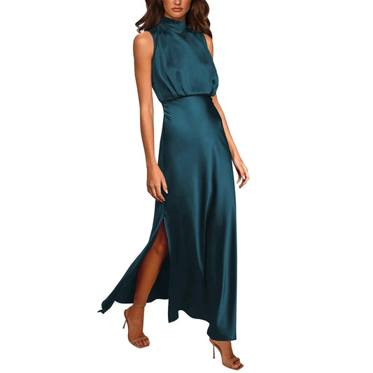 Summer Elegant Women Summer Long Formal Satin Dresses Mock Neck Sleeveless Side Slit Flowy Maxi Tank Dresses Woman Party Night - Torrster