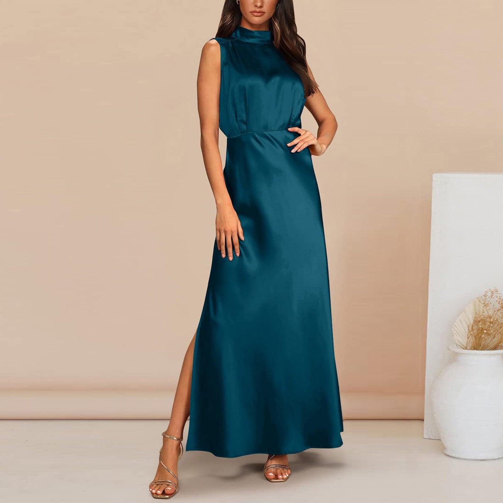 Summer Elegant Women Summer Long Formal Satin Dresses Mock Neck Sleeveless Side Slit Flowy Maxi Tank Dresses Woman Party Night - Torrster