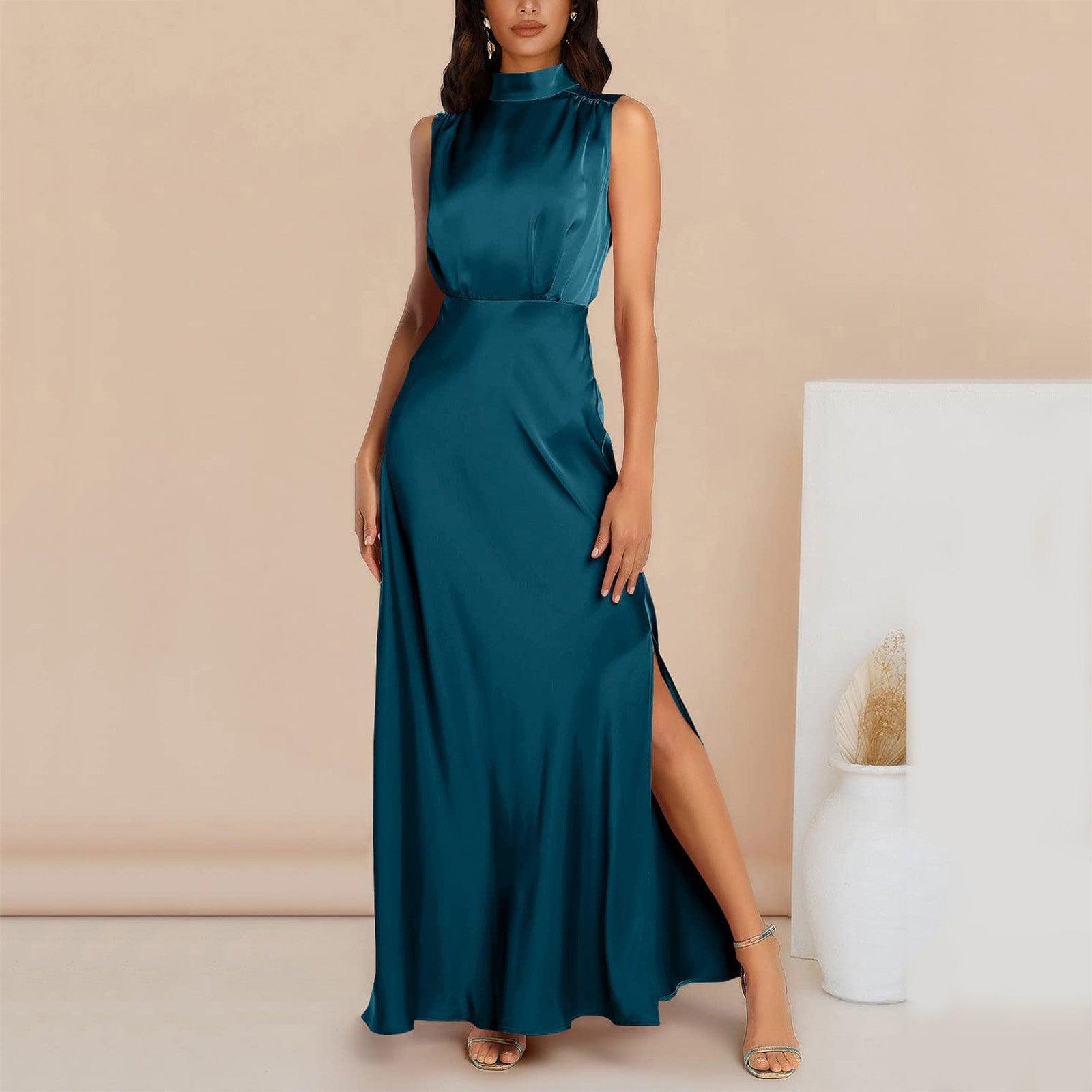 Summer Elegant Women Summer Long Formal Satin Dresses Mock Neck Sleeveless Side Slit Flowy Maxi Tank Dresses Woman Party Night - Torrster