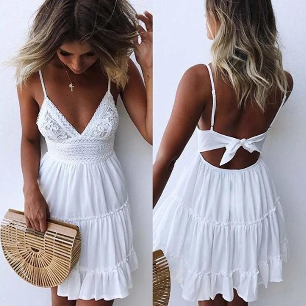 Sexy Spaghetti Strap Summer Mini Dress For Women Solid V-Neck Backless Bow-knot Lace Stitching White Beach Dress Party Vestidos - Torrster