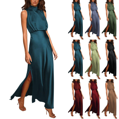 Summer Elegant Women Summer Long Formal Satin Dresses Mock Neck Sleeveless Side Slit Flowy Maxi Tank Dresses Woman Party Night - Torrster