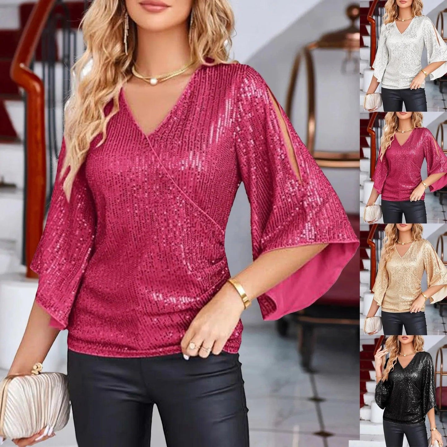 Women Blouse Sequin Tops 3/4 Sleeve Glitter Sparkly Party Blouse V Neck Dressy Tops For Evening Party Thin Chic Blusas Para Muje - Torrster