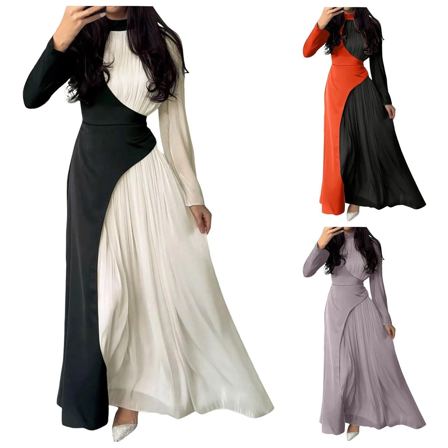 Women'sElegant Patchwork Long Dress Spring Half High Neck Long Sleeve A-Line Maxi Dress Female Slim Waist Party Club Dresses - Torrster