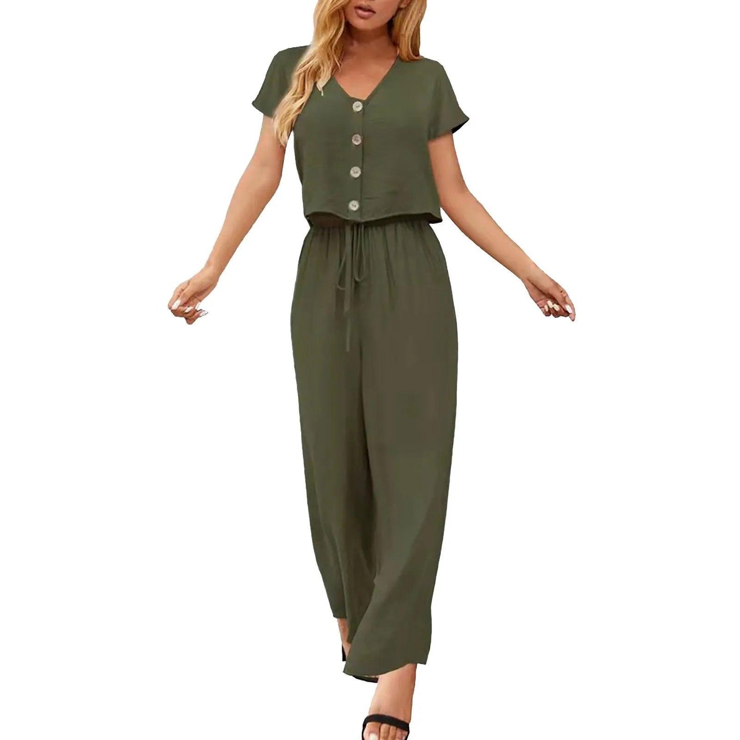 Summer Outfits For Women 2023 Fashion Solid Cotton And Linen Multi Button Top Short Sleeve Pant Sets Casual Ladies Suits - Torrster