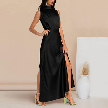 Summer Elegant Women Summer Long Formal Satin Dresses Mock Neck Sleeveless Side Slit Flowy Maxi Tank Dresses Woman Party Night - Torrster