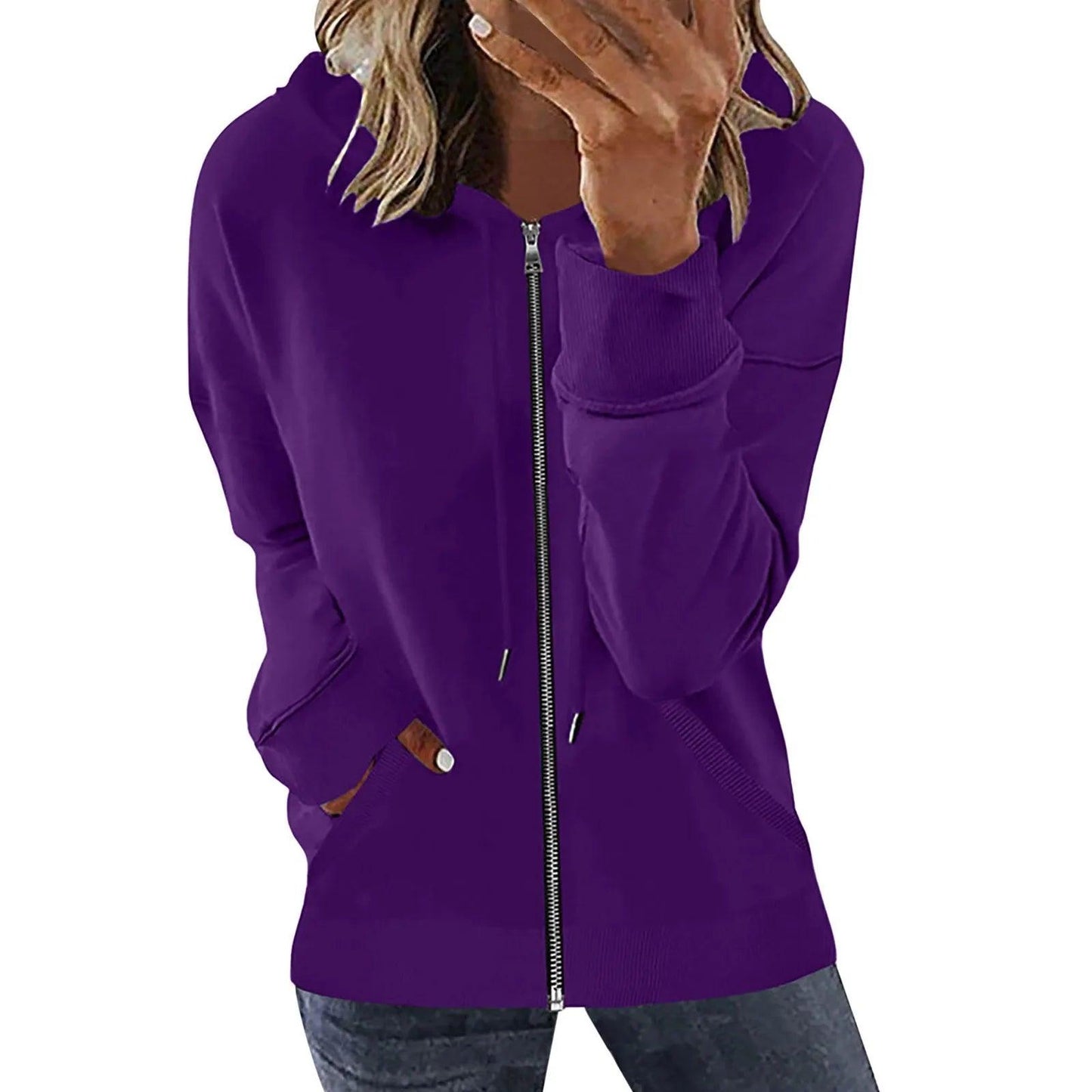 Pocket Long Sleeve Hooded Threaded Sweater Ladies Zipper Top Hooded Zip up Sweatshirt Women Hoodie Casual Oversized Hoodies - Torrster