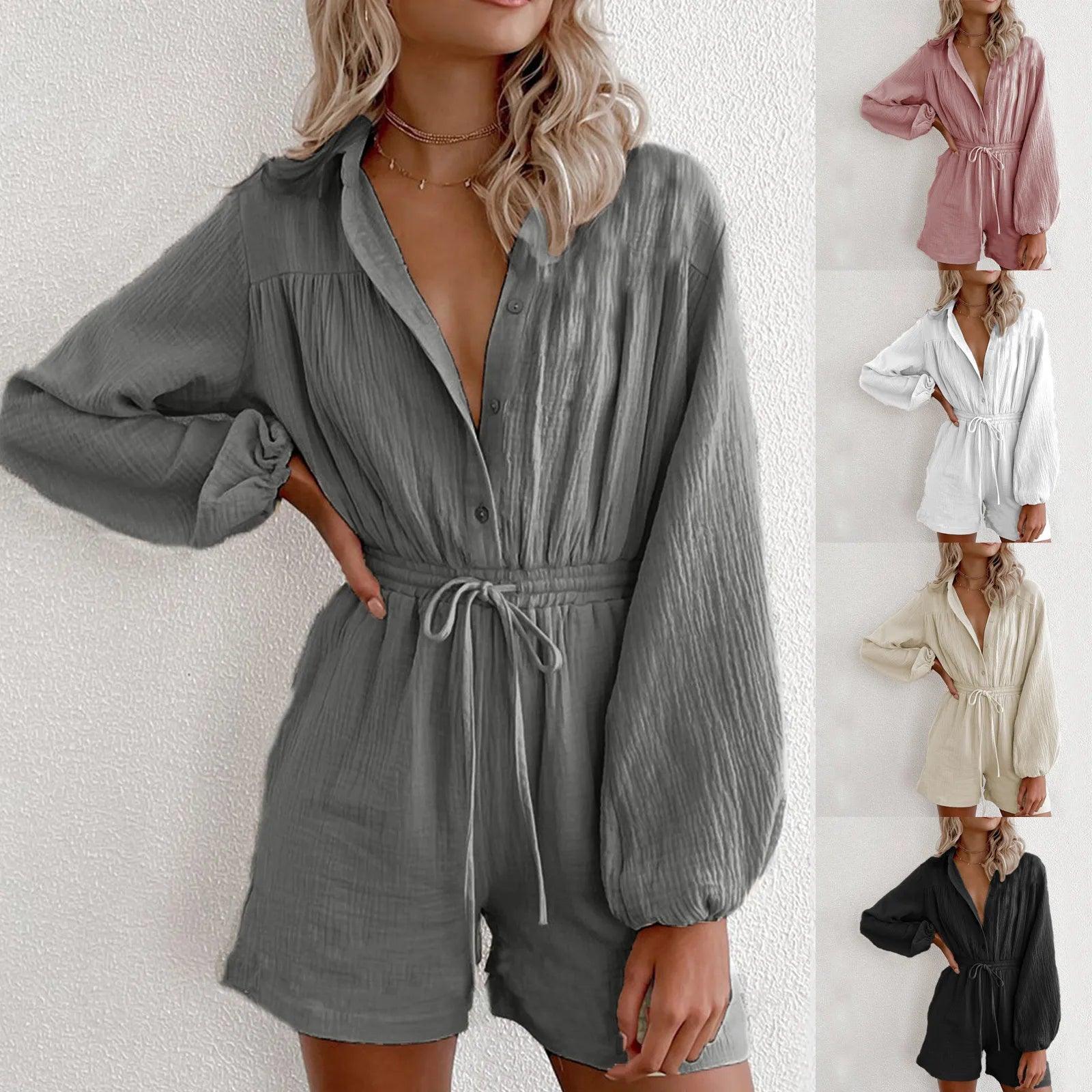 Women Fashion V-Neck Button Down Shorts Romper Summer Black White Cotton Linen Drawstring Playsuits Casual Lace Up Jumpsuits - Torrster