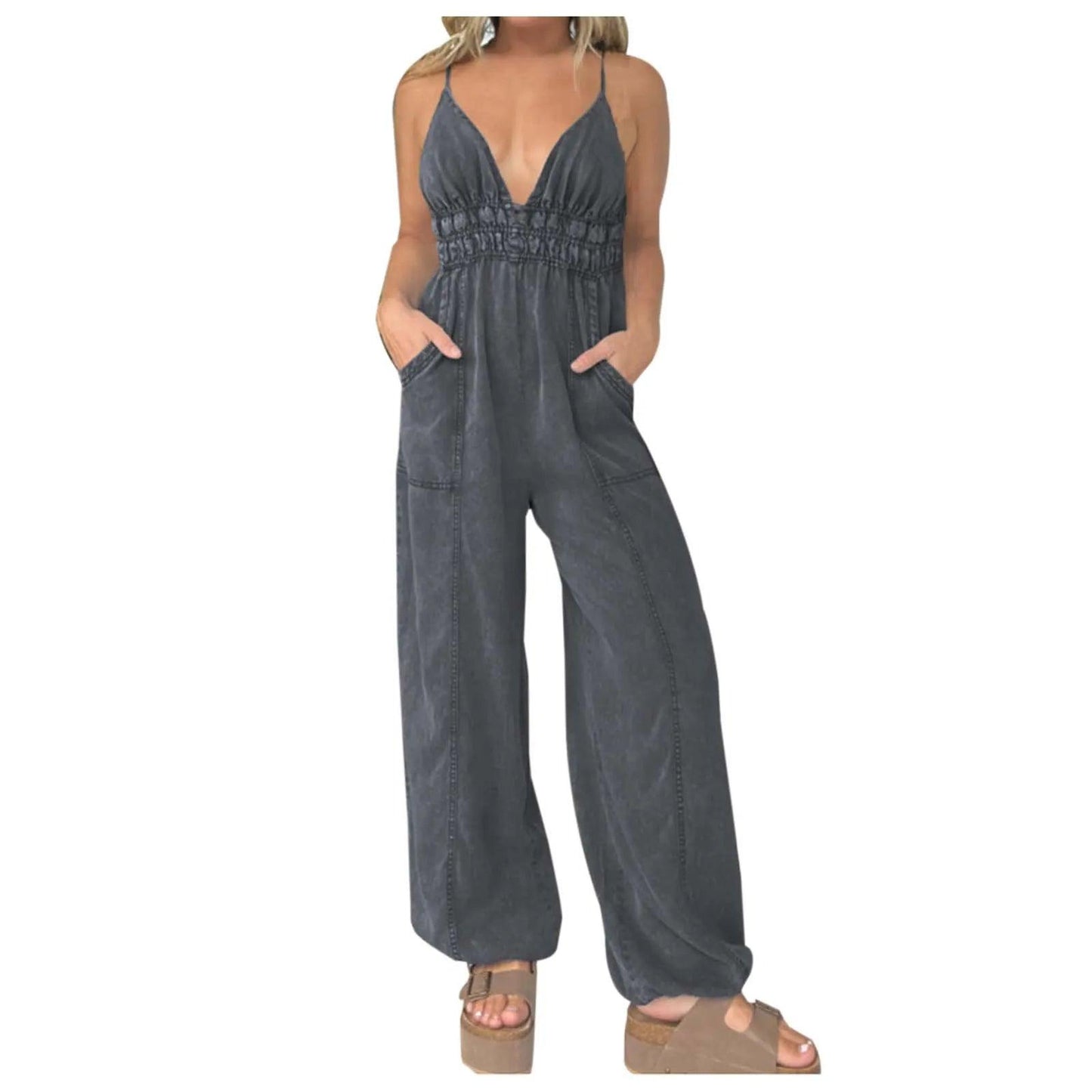 Women's Casual Fashion Denim Jumpsuit Summer Adjustable Waist Loose Fit Wide Leg Playsuit Drawstring Cuffs Backless Jumpsuit - Torrster