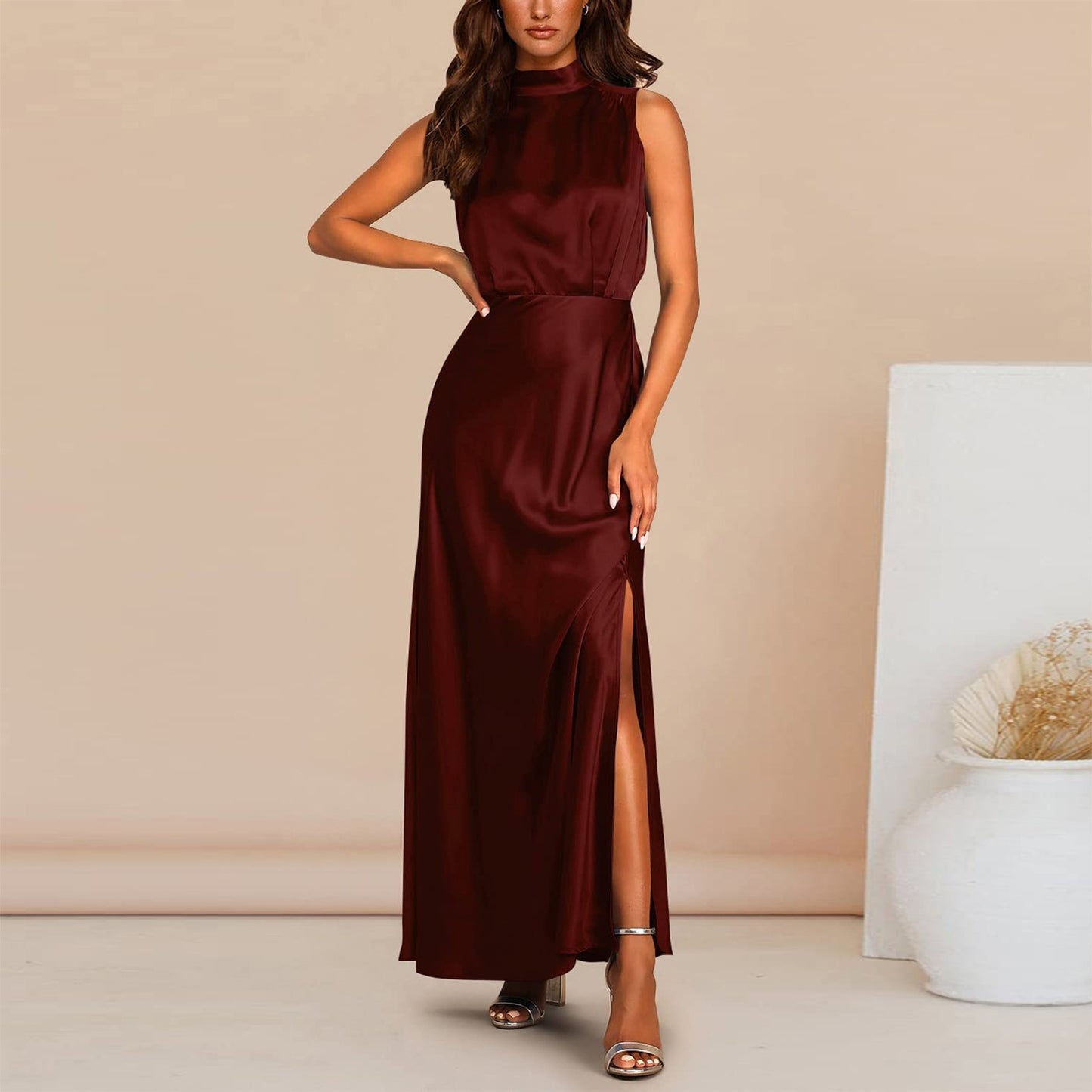 Summer Elegant Women Summer Long Formal Satin Dresses Mock Neck Sleeveless Side Slit Flowy Maxi Tank Dresses Woman Party Night