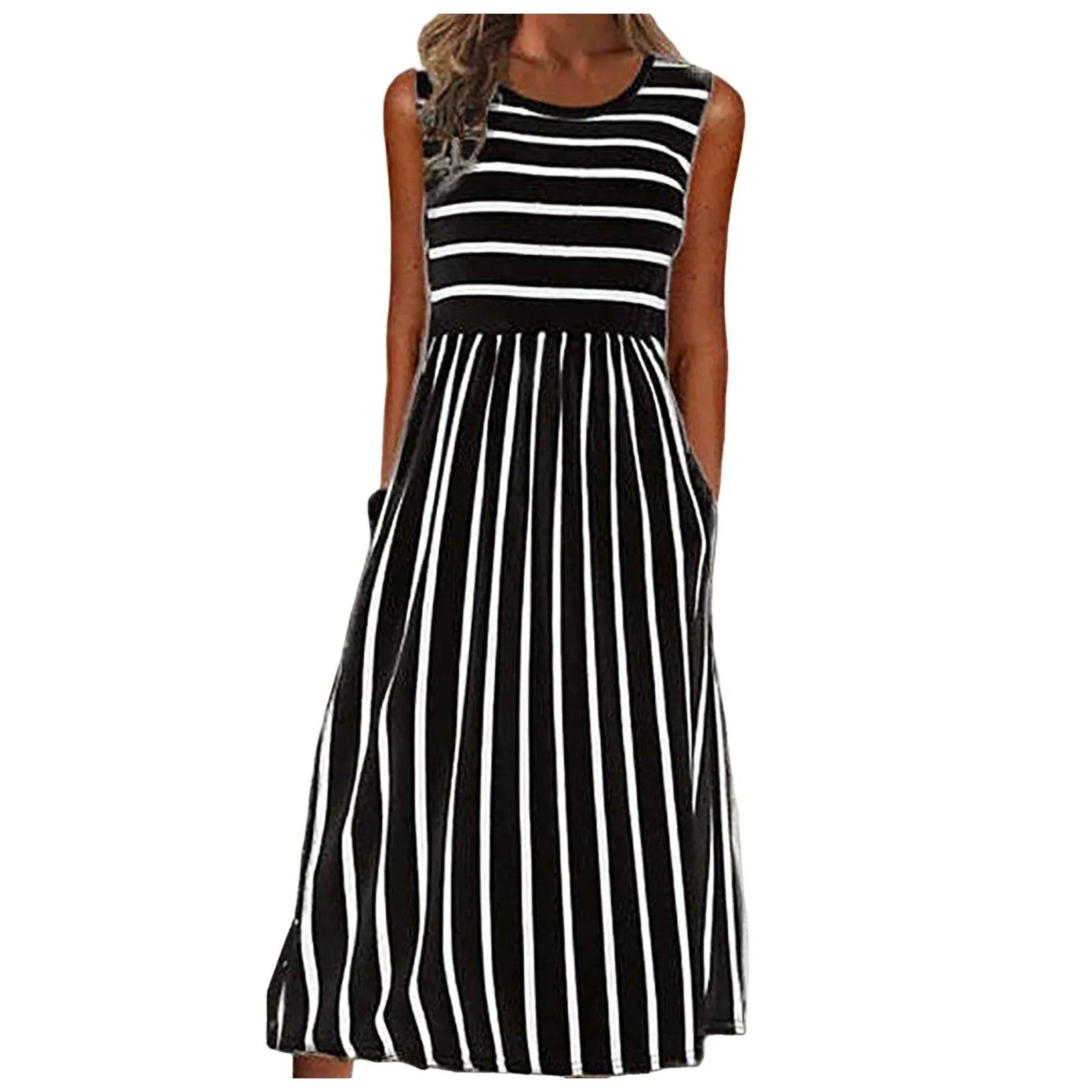 Womens Dresses Women Fashion Casual Striped Print Round Neck Sleeveless Pocket Long Dress Vestidos De Fiesta Elegantes 2024 - Torrster