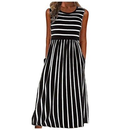 Womens Dresses Women Fashion Casual Striped Print Round Neck Sleeveless Pocket Long Dress Vestidos De Fiesta Elegantes 2024 - Torrster