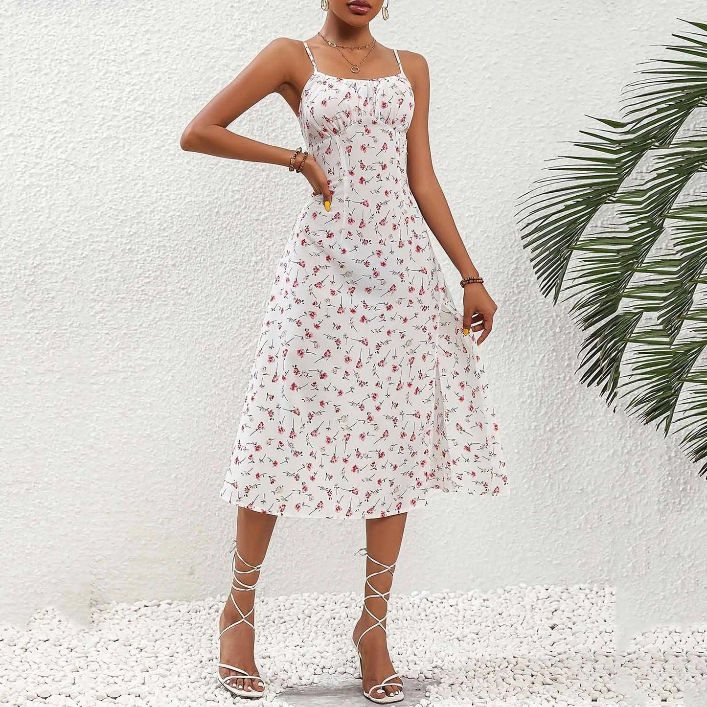 Casual Lace-Up Floral Print Summer Dress Sexy Strappy Hight Split Boho Dresses Backless Holiday Sundresses Women Robe Femme - Torrster