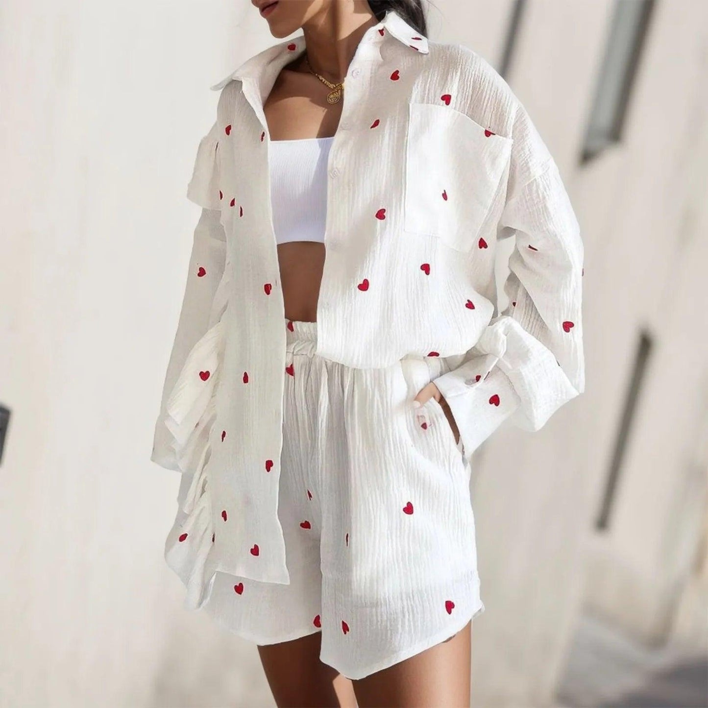 Cotton Linen Ruffle Shirt Shorts Two Piece Set for Women Summer Home Heart Pattern Long Sleeve Button Blouse Short Set Outfits - Torrster