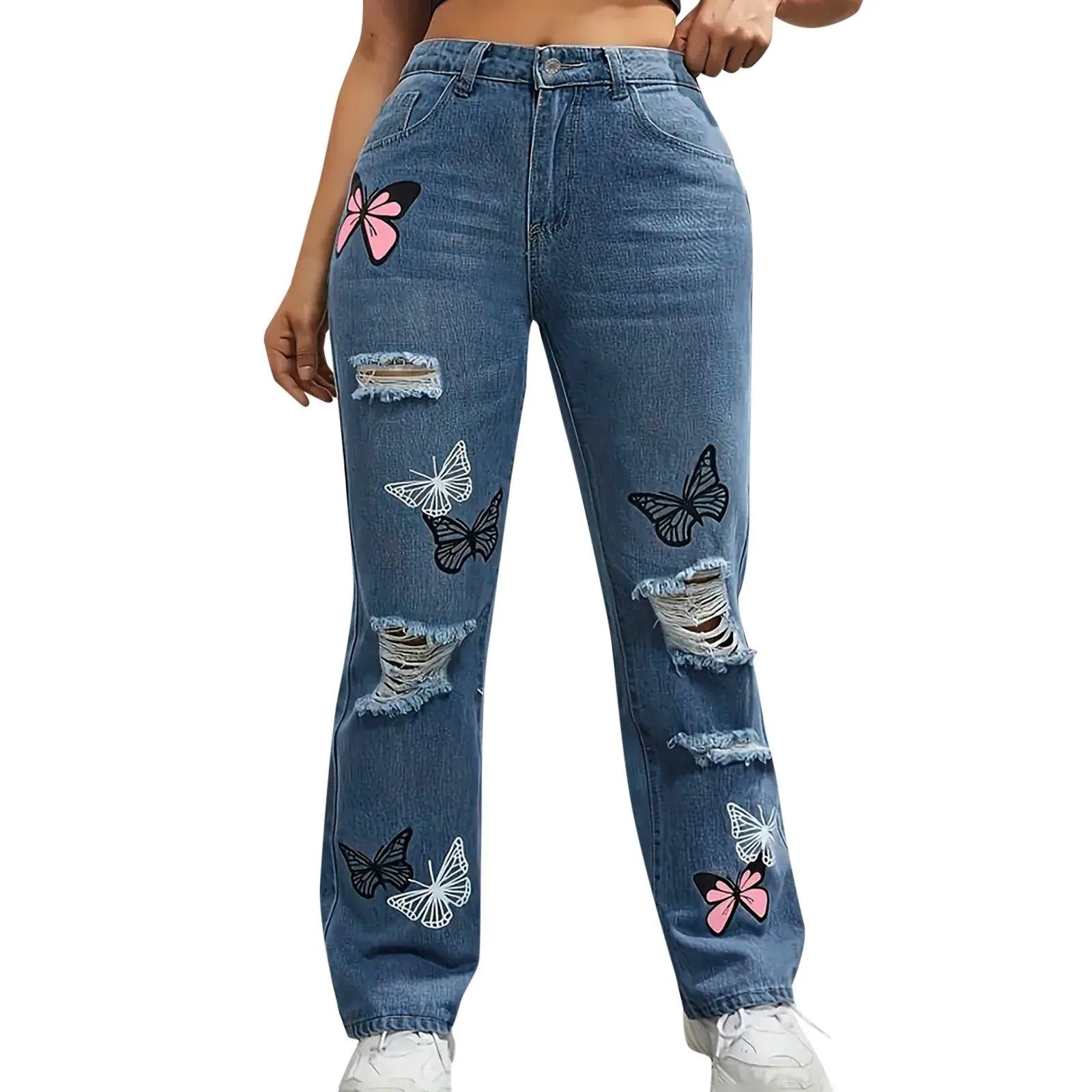 Women's High Waist Button Up Butterfly Print Jeans Fashion Casual Straight Pants for Women Spring Summer 2024 Chic Ripped Jeans - Torrster