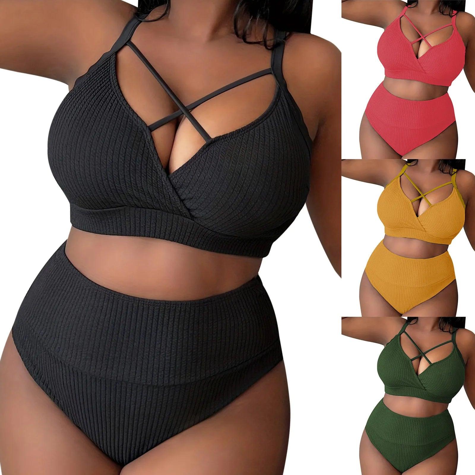 2024 Women'S Sexy Plus Size Bikini Set Solid Color High Waisted 2 Piece Women'S Swimsuit Bikini Woman 2024 Trend Push Up - Torrster