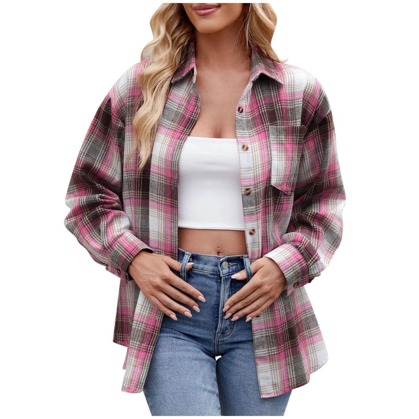 Jacket V Neck Top Women Lightweight Flannel Plaid Button Down Shirt Oversized Long Sleeve Bodycon Jacket Top Coats For Female - Torrster