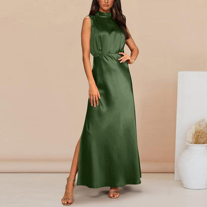 Summer Elegant Women Summer Long Formal Satin Dresses Mock Neck Sleeveless Side Slit Flowy Maxi Tank Dresses Woman Party Night - Torrster