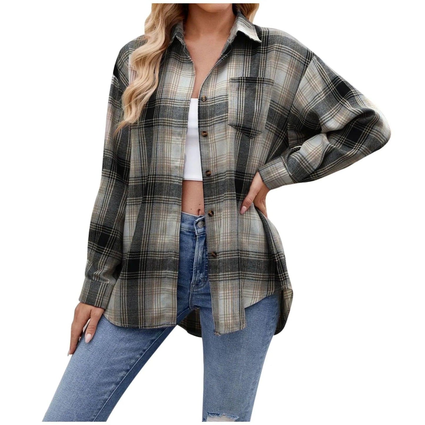 Jacket V Neck Top Women Lightweight Flannel Plaid Button Down Shirt Oversized Long Sleeve Bodycon Jacket Top Coats For Female - Torrster