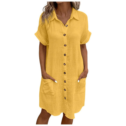 Women Casual Blouse Dress Single Breasted Simple V Neck Button Linen Dress With Pocket Loose Large Size Shirt Dress - Torrster