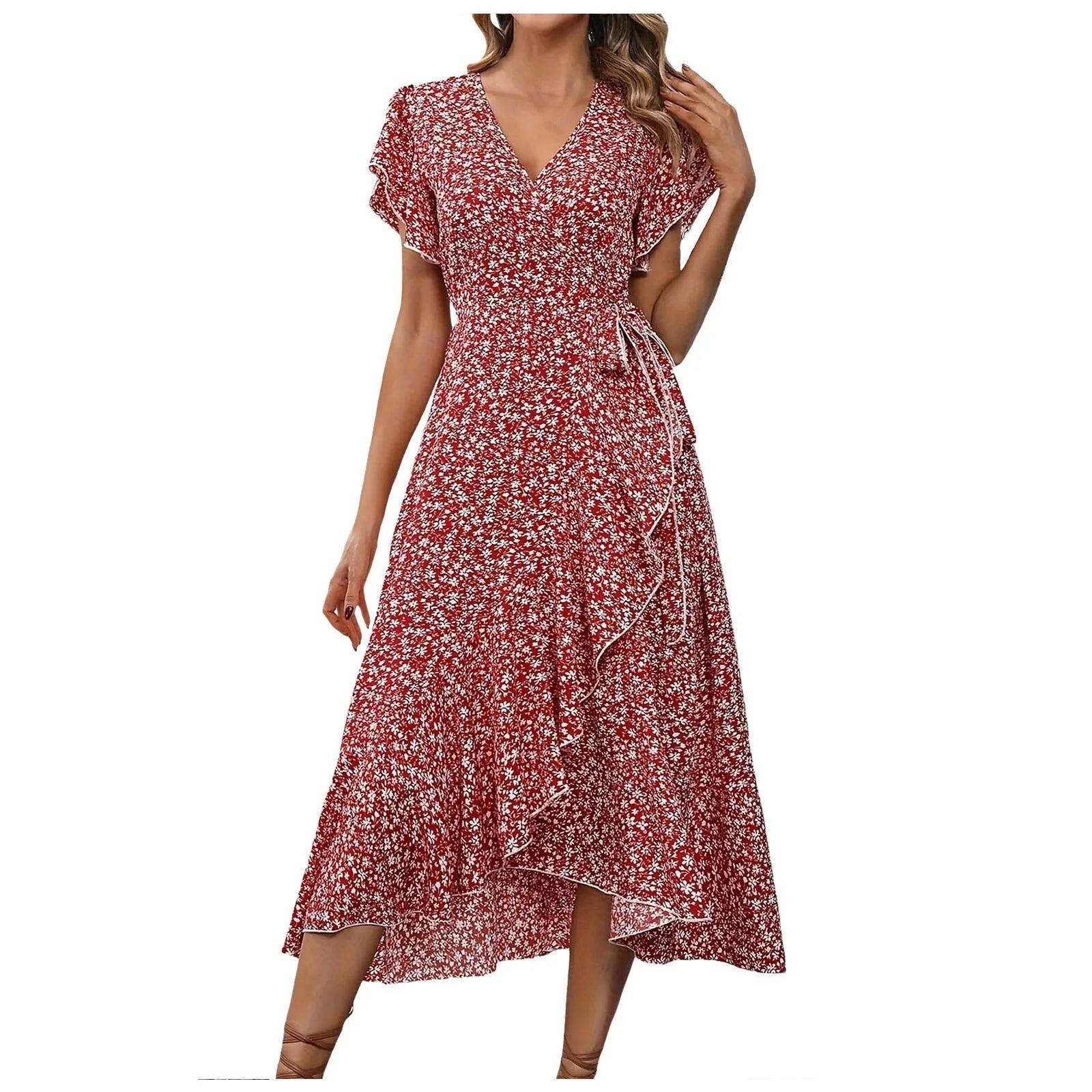 Women's Flowy Split Midi Floral Wrap Dress Summer Irregular High Waist Boho Long Dress A-Line V-Neck Holiday Beach Sundress - Torrster