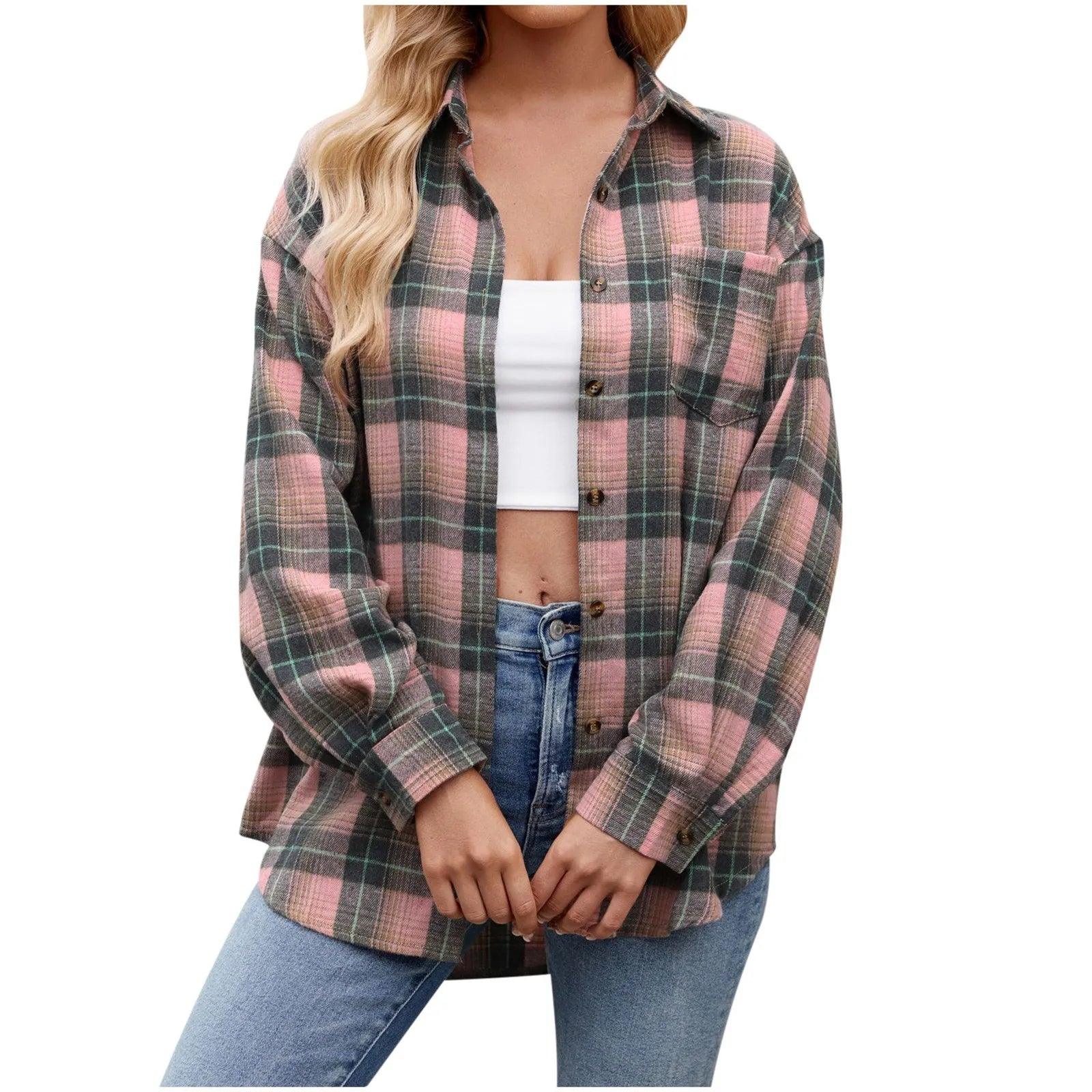 Jacket V Neck Top Women Lightweight Flannel Plaid Button Down Shirt Oversized Long Sleeve Bodycon Jacket Top Coats For Female - Torrster