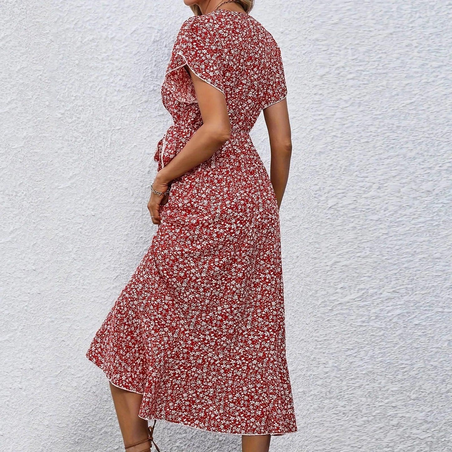 Women's Flowy Split Midi Floral Wrap Dress Summer Irregular High Waist Boho Long Dress A-Line V-Neck Holiday Beach Sundress - Torrster