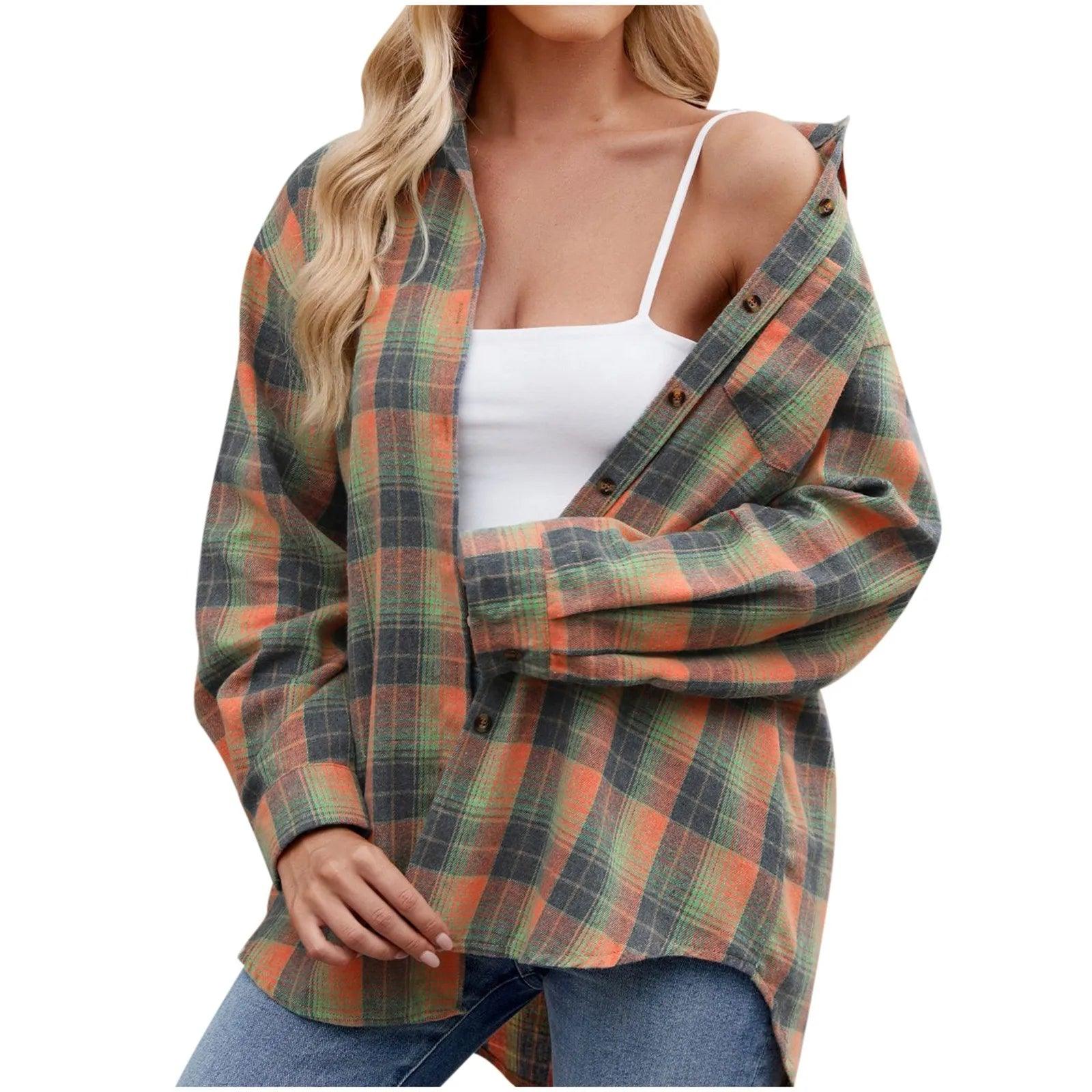 Jacket V Neck Top Women Lightweight Flannel Plaid Button Down Shirt Oversized Long Sleeve Bodycon Jacket Top Coats For Female - Torrster