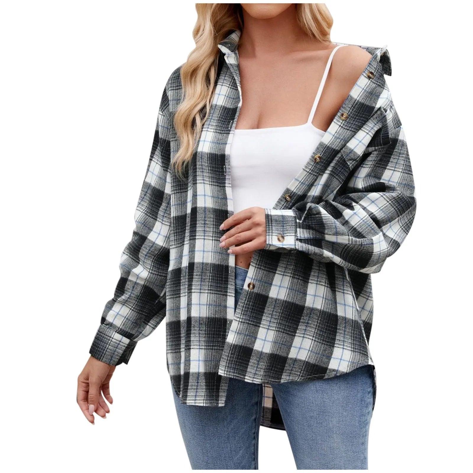 Jacket V Neck Top Women Lightweight Flannel Plaid Button Down Shirt Oversized Long Sleeve Bodycon Jacket Top Coats For Female - Torrster