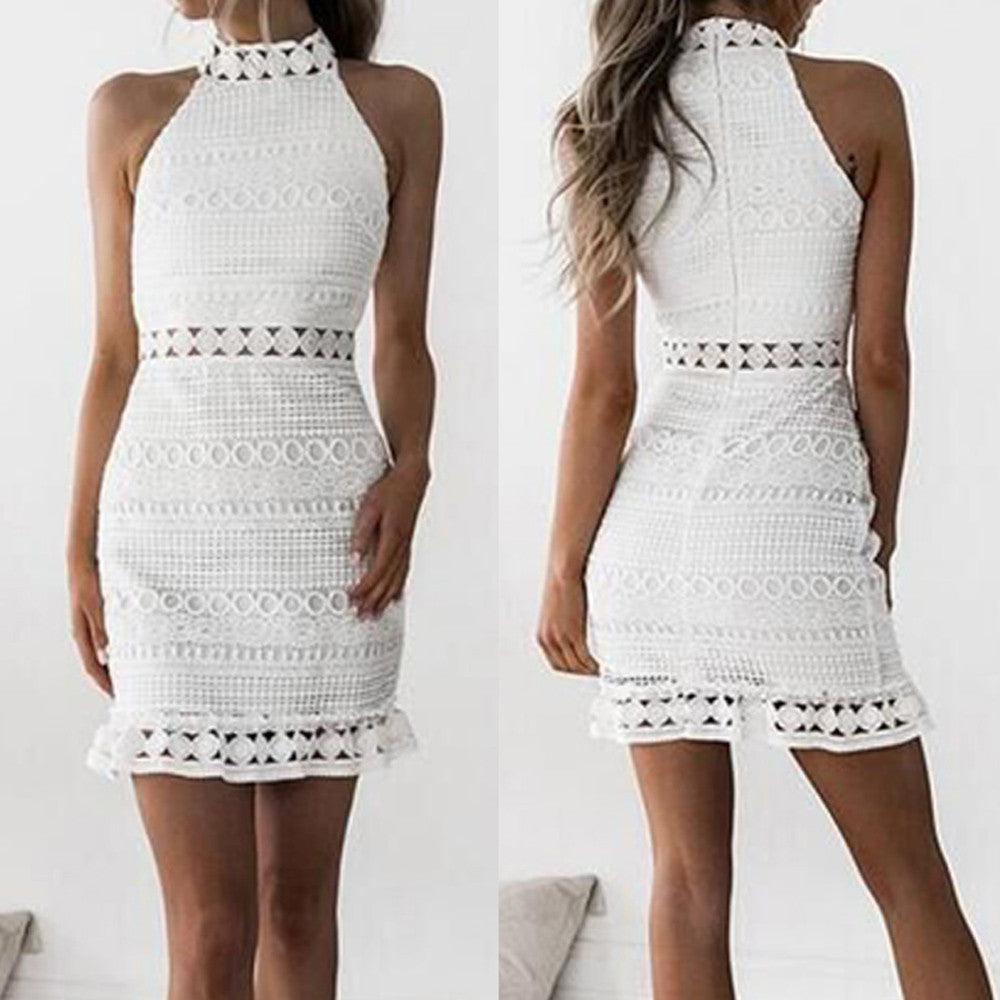 Women Lace Sleeveless Sexy Women Dress Lace Hollow Backless Elegant Party Chic Retro Dress Black White Lace Dresses New - Torrster