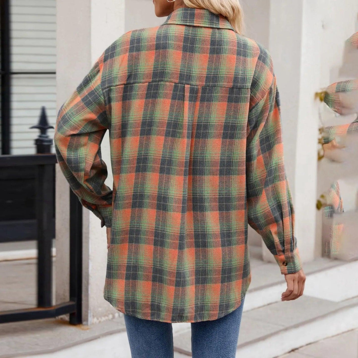 Jacket V Neck Top Women Lightweight Flannel Plaid Button Down Shirt Oversized Long Sleeve Bodycon Jacket Top Coats For Female - Torrster