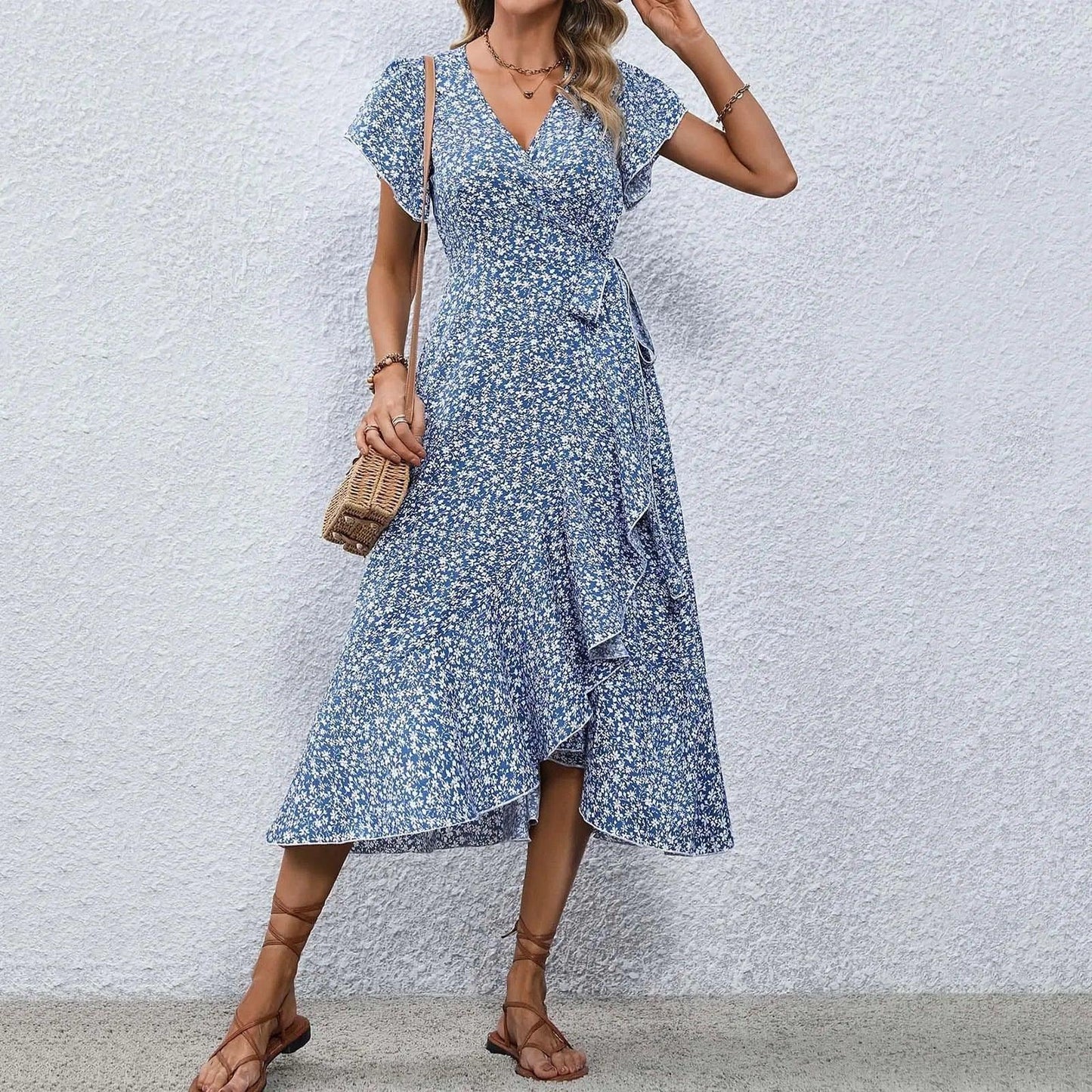 Women's Flowy Split Midi Floral Wrap Dress Summer Irregular High Waist Boho Long Dress A-Line V-Neck Holiday Beach Sundress - Torrster