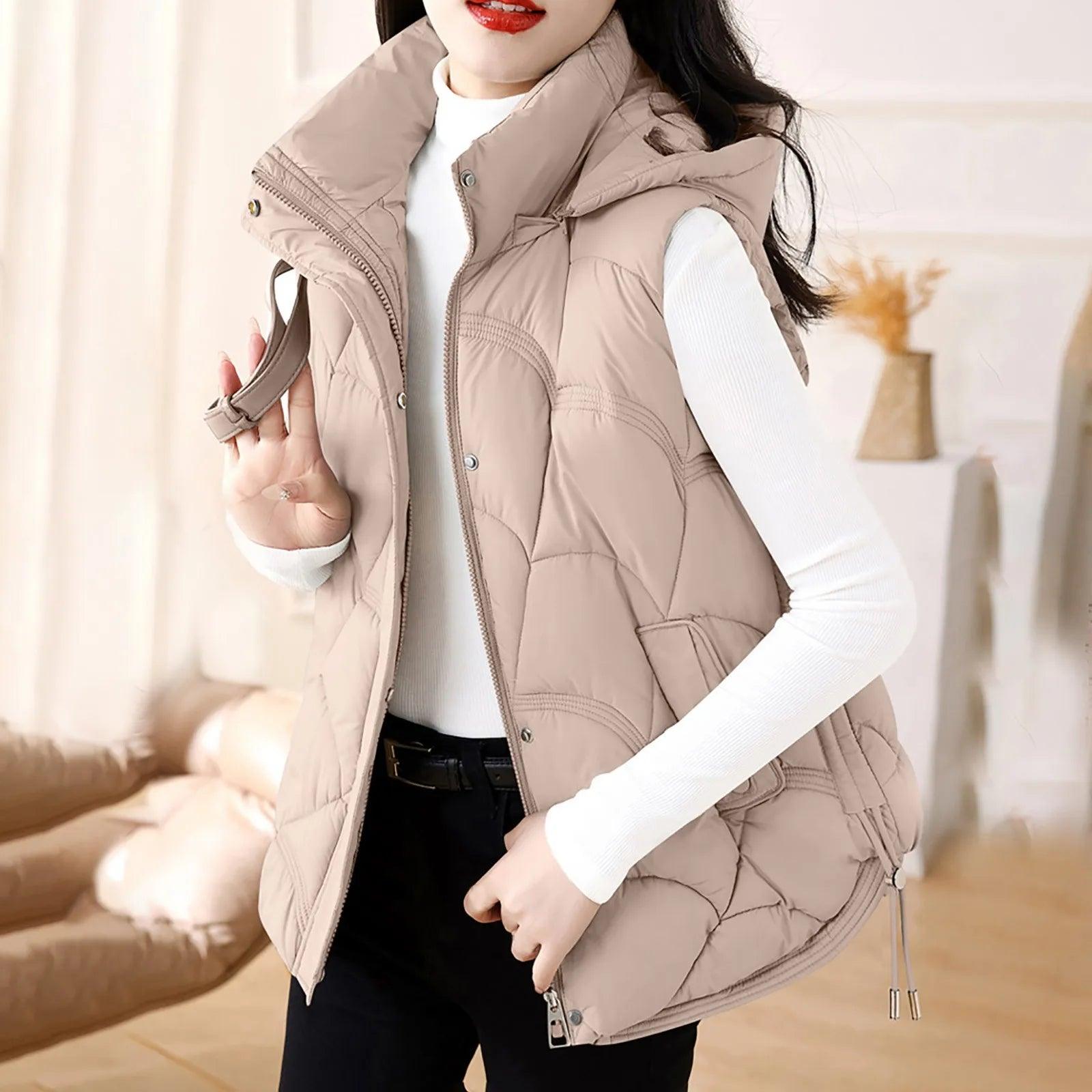 Women'S Hooded Zipper Cotton Vest Winter Sleeveless Warm Quilted Vests Korean Fashion Outdoor Windbreak Ski Coat Vestidos - Torrster