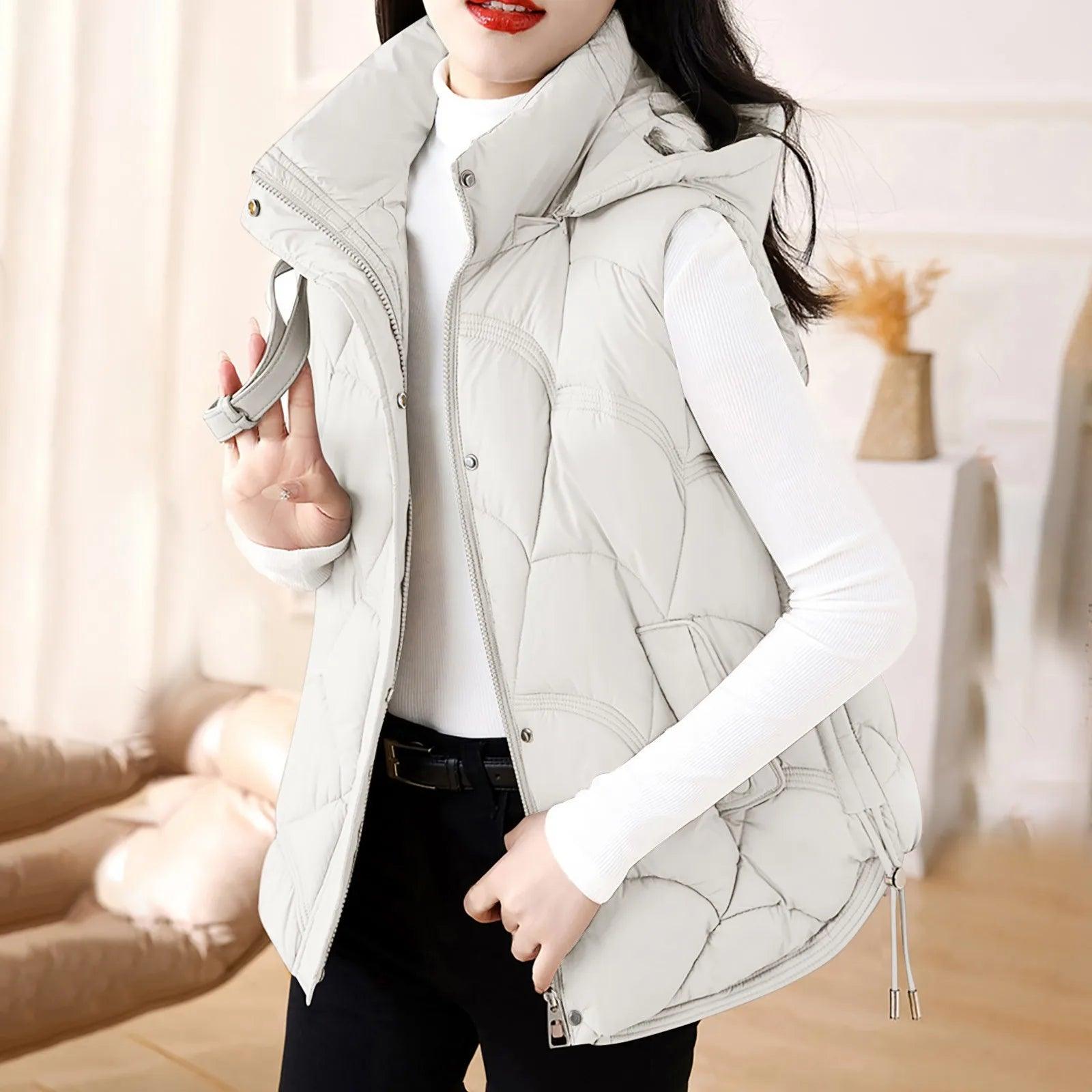 Women'S Hooded Zipper Cotton Vest Winter Sleeveless Warm Quilted Vests Korean Fashion Outdoor Windbreak Ski Coat Vestidos - Torrster