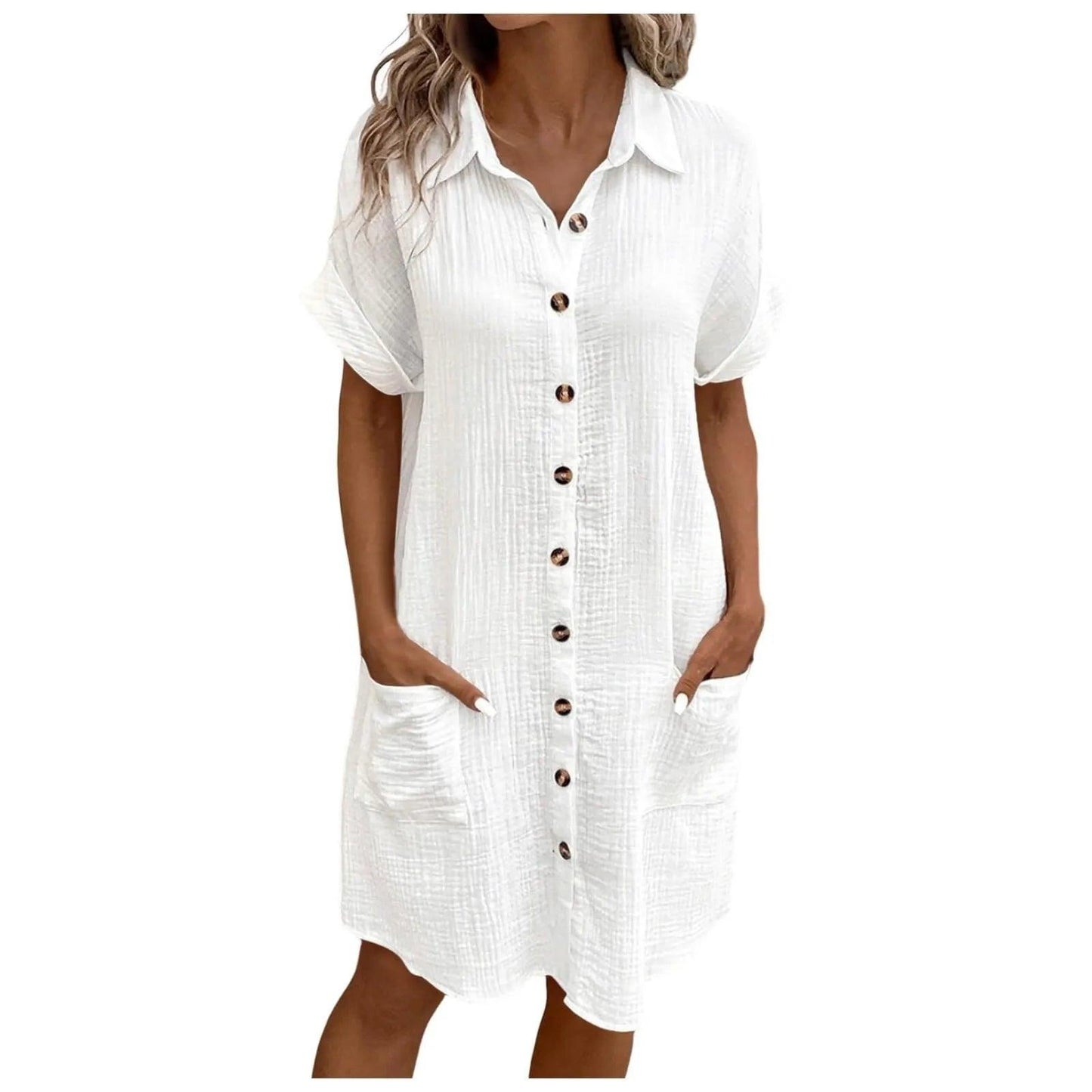 Women Casual Blouse Dress Single Breasted Simple V Neck Button Linen Dress With Pocket Loose Large Size Shirt Dress - Torrster