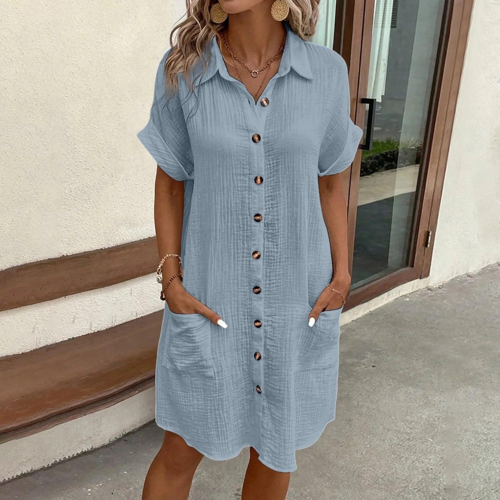 Women Casual Blouse Dress Single Breasted Simple V Neck Button Linen Dress With Pocket Loose Large Size Shirt Dress - Torrster