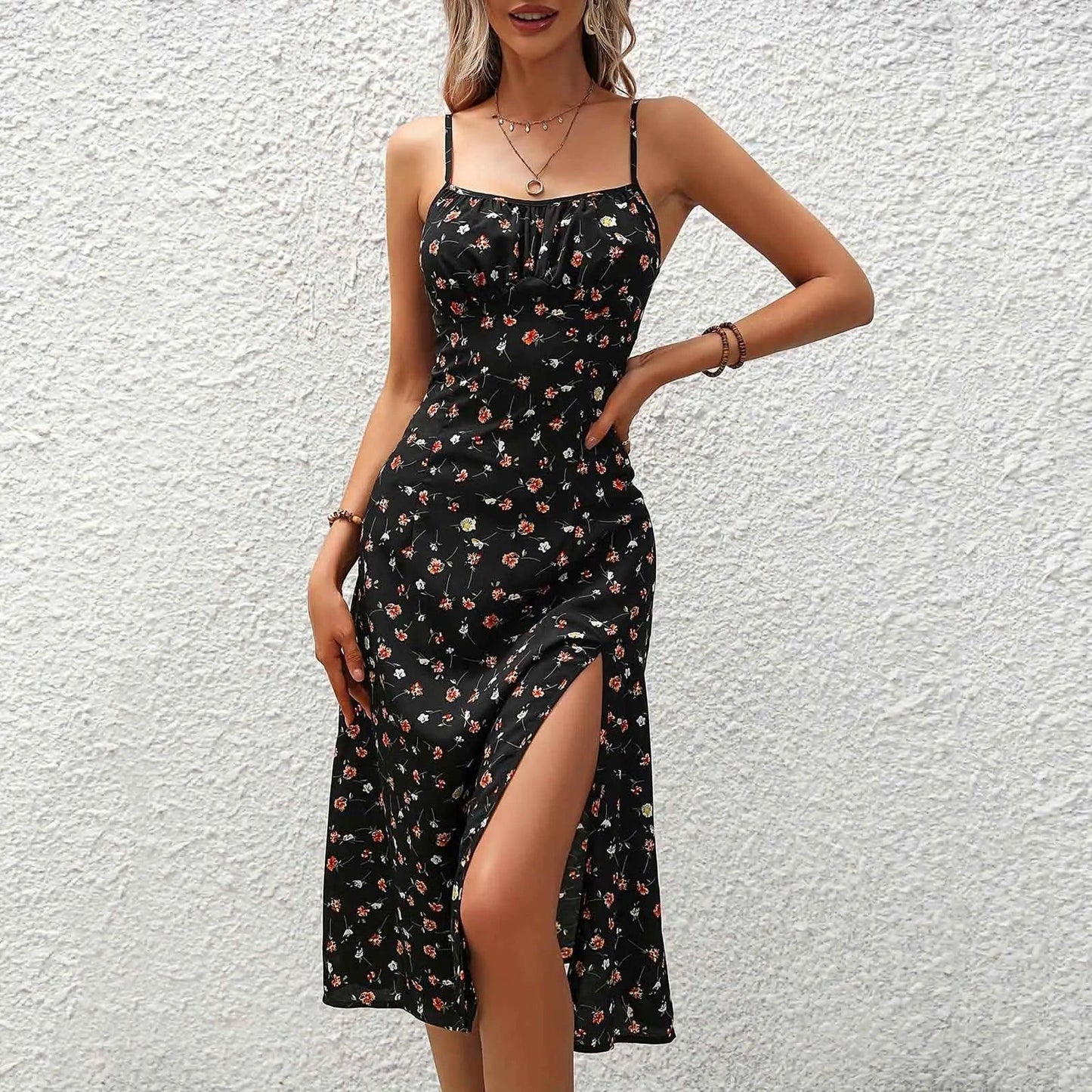 Casual Lace-Up Floral Print Summer Dress Sexy Strappy Hight Split Boho Dresses Backless Holiday Sundresses Women Robe Femme - Torrster