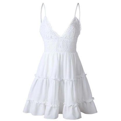 Sexy Spaghetti Strap Summer Mini Dress For Women Solid V-Neck Backless Bow-knot Lace Stitching White Beach Dress Party Vestidos - Torrster