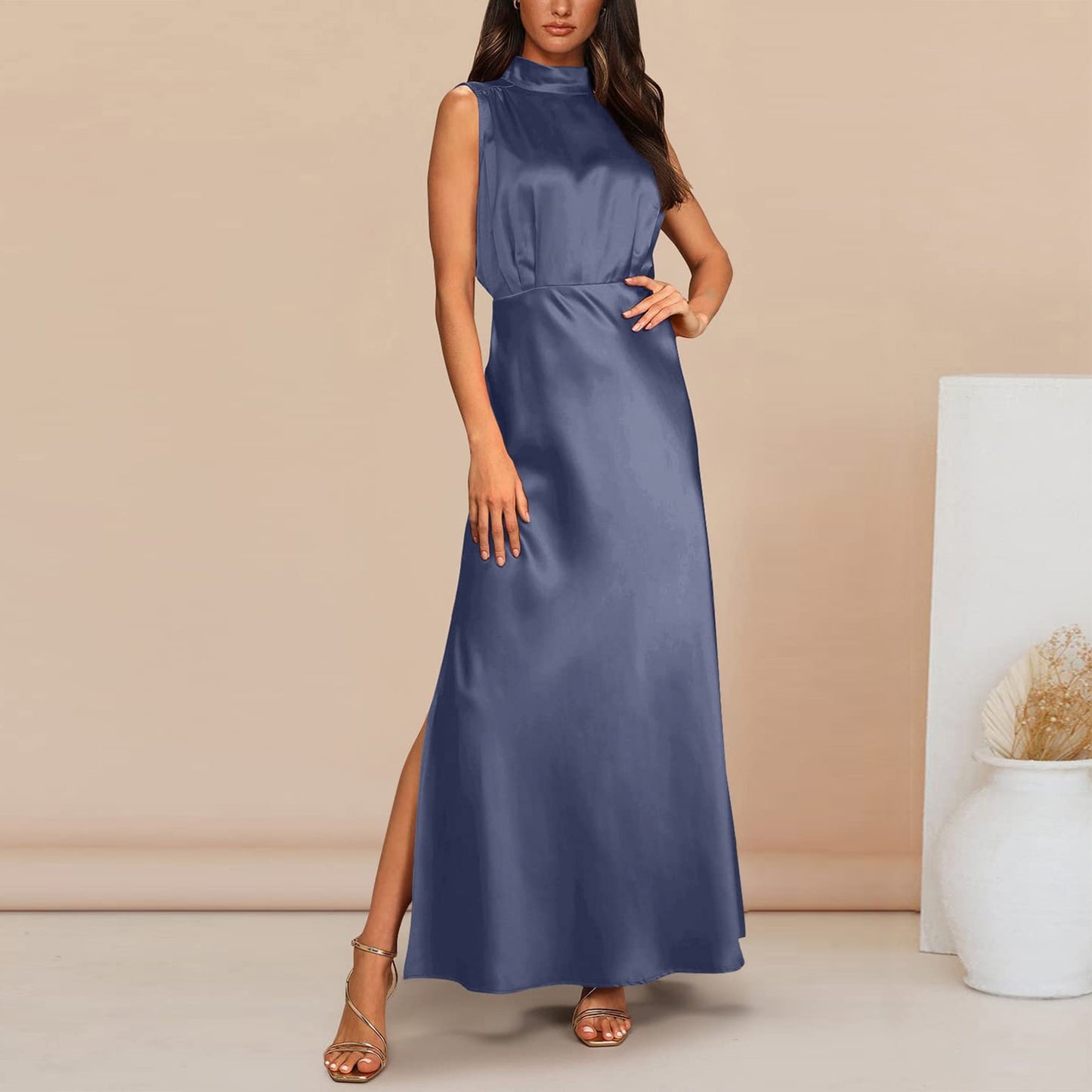 Summer Elegant Women Summer Long Formal Satin Dresses Mock Neck Sleeveless Side Slit Flowy Maxi Tank Dresses Woman Party Night