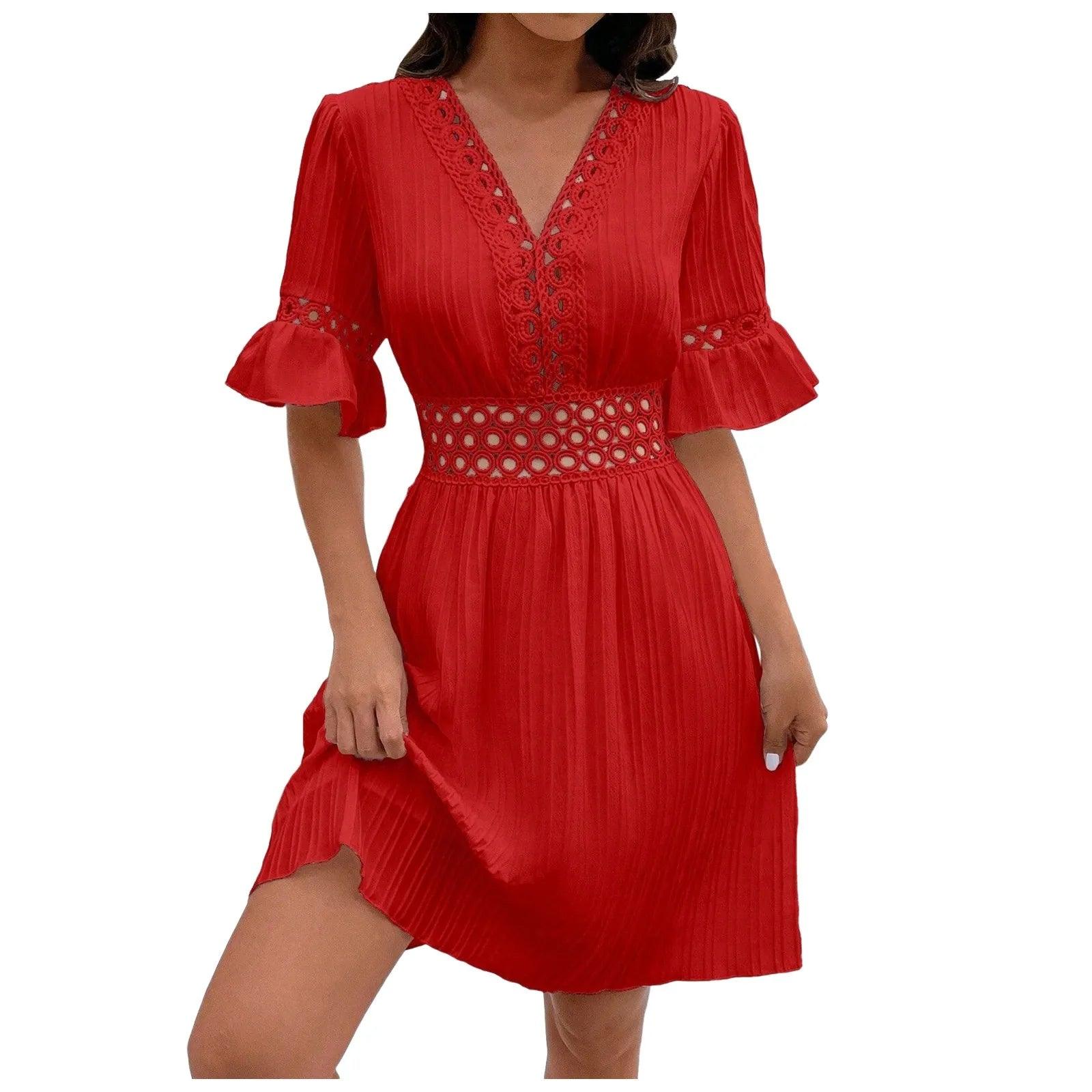 Summer V Neck Women's Dresses Ruffle Short Sleeves High Waist Dress Elegant Female Casual Solid Color Dresses Lace Vestidos - Torrster