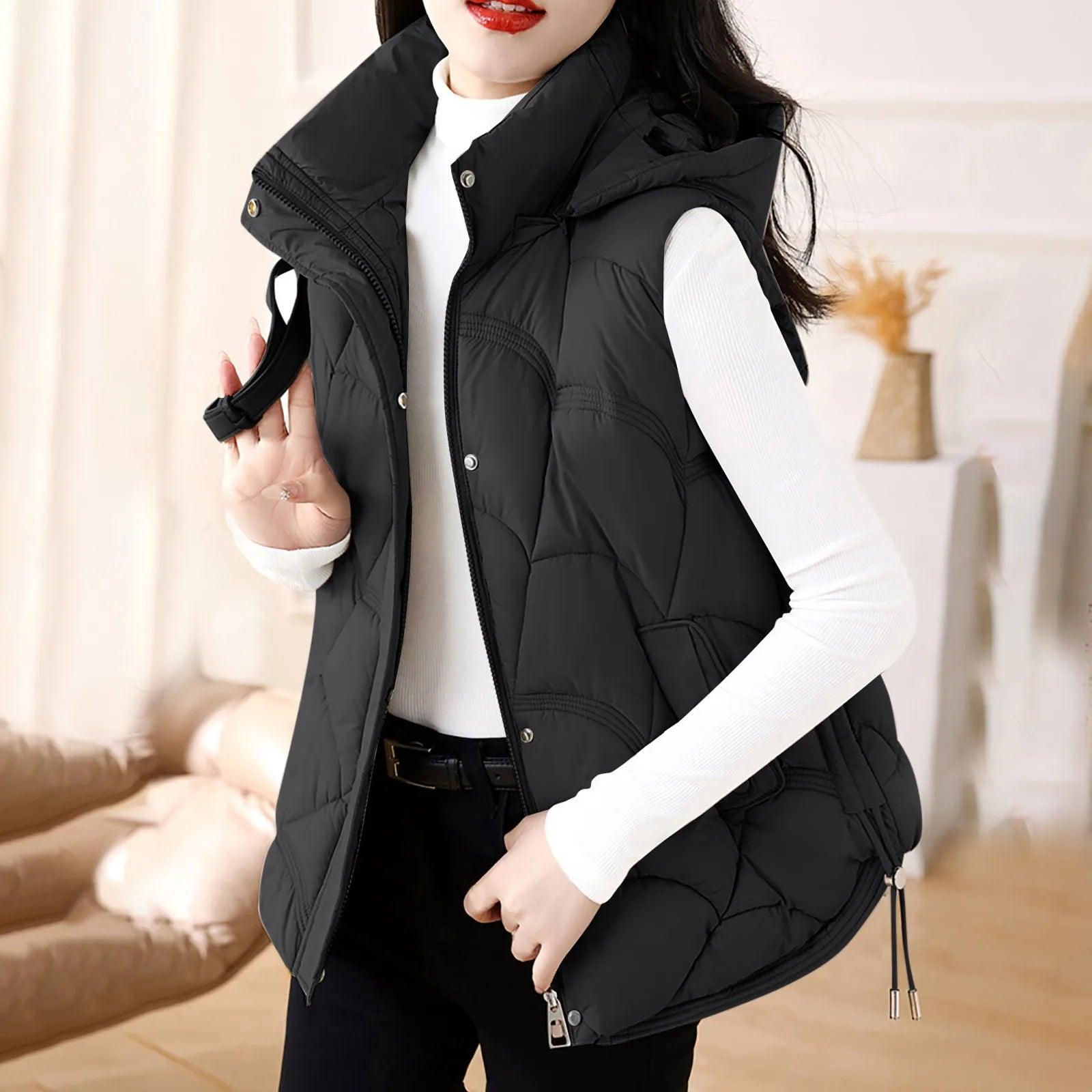 Women'S Hooded Zipper Cotton Vest Winter Sleeveless Warm Quilted Vests Korean Fashion Outdoor Windbreak Ski Coat Vestidos - Torrster