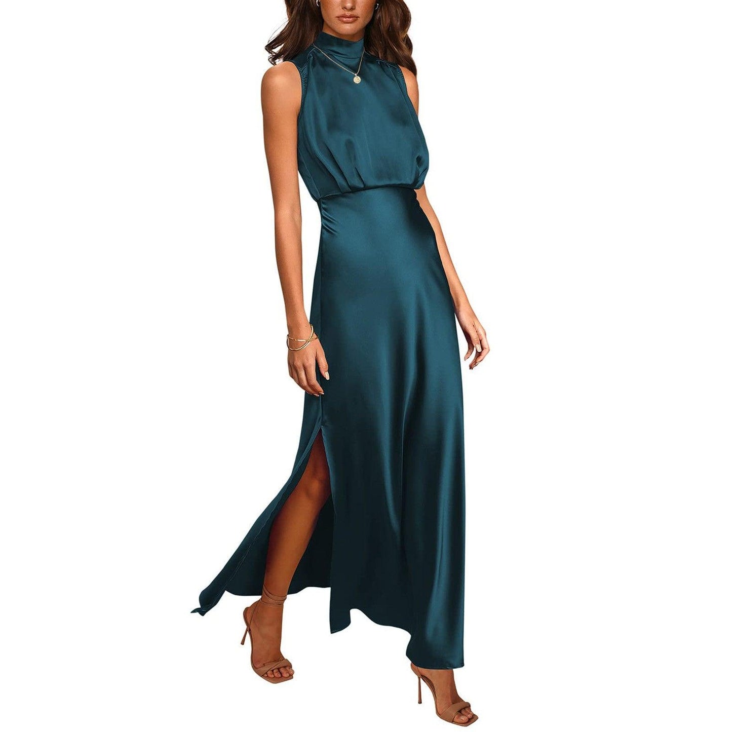 Summer Elegant Women Summer Long Formal Satin Dresses Mock Neck Sleeveless Side Slit Flowy Maxi Tank Dresses Woman Party Night - Torrster